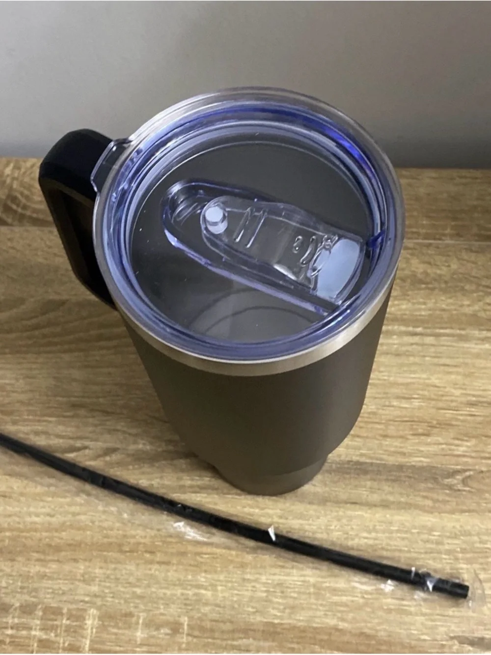 Insulated Black Travel Mug with Handle and Clear Lid